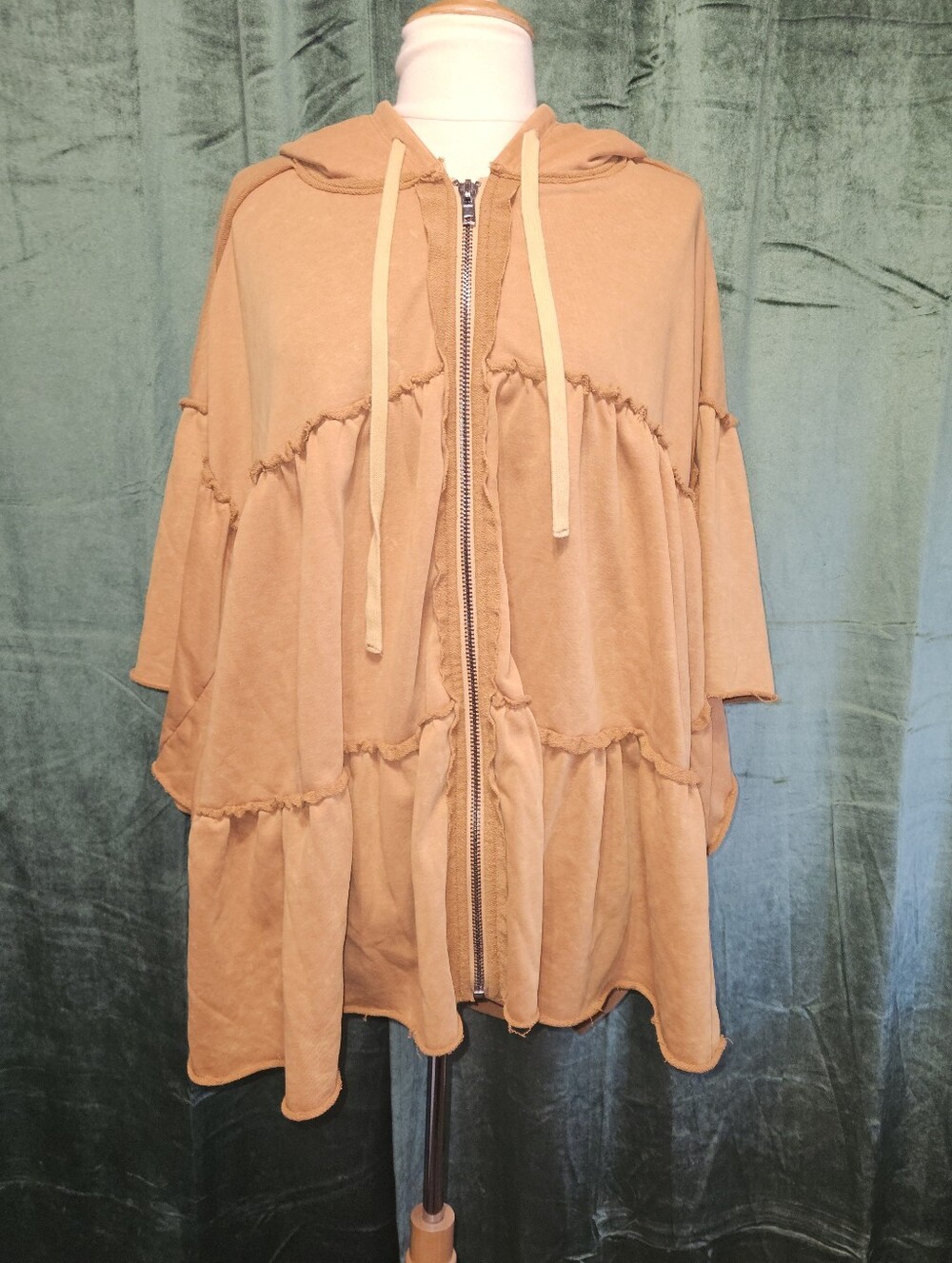 Oli & Hali Washed Zip Closure Hooded Tiered Pullover Poncho